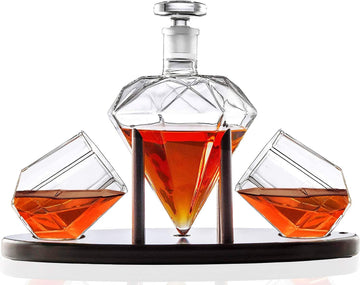 Whiskey Decanter Diamond shaped With 2 Diamond Glasses & Mahogany Wooden Holder - Elegant Handcrafted Crafted Glass - Set of 3