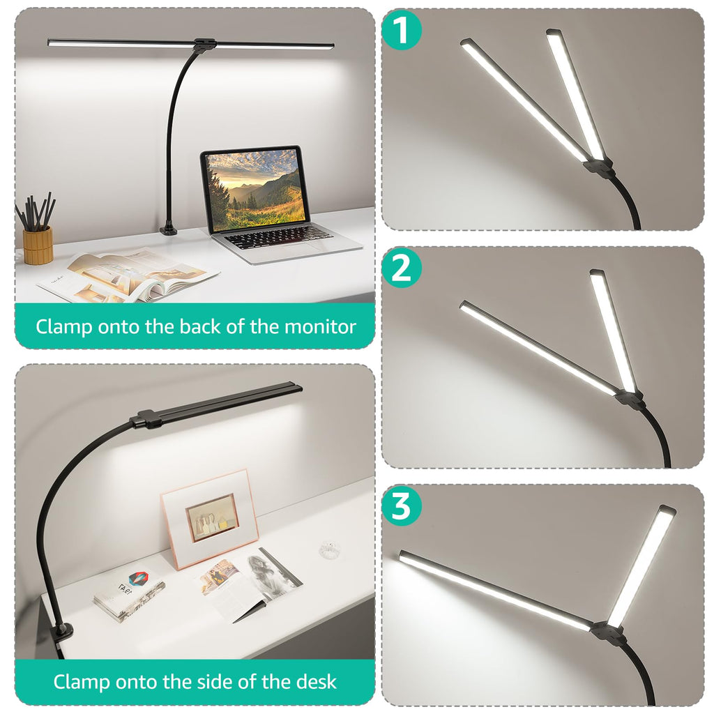 LED Desk Lamp, 4000K Neutral White Double Head Architect Task Lamps with Clamp, Dimmable Adjustable Flexible,Black