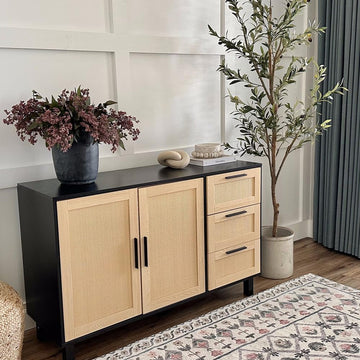 Black Rattan Cabinet with Doors, Buffet Sideboard Cabinet with Drawers, 2 Door Storage Cabinets