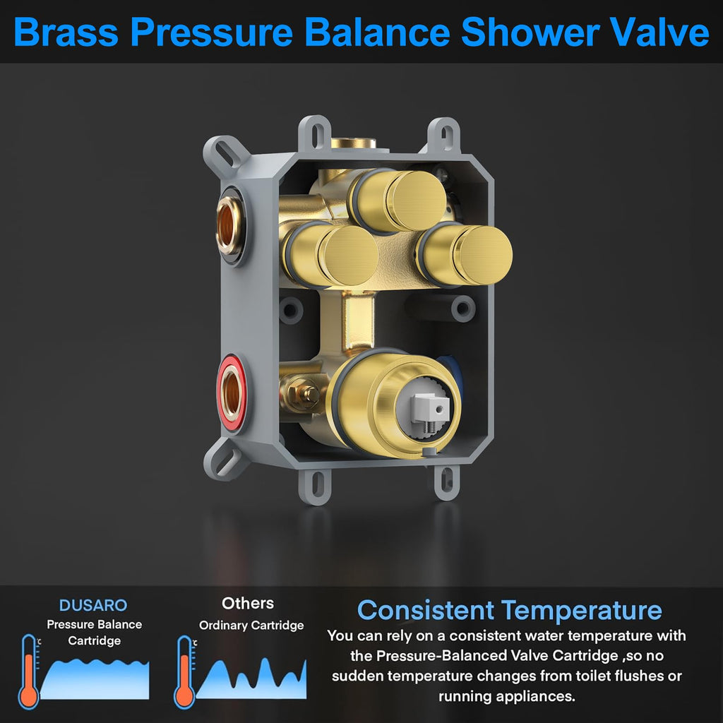 Brushed Gold Shower Faucet Set, Push-Button Shower System with Rain Shower and Handheld, 12" Ceiling Rain Head, 6"