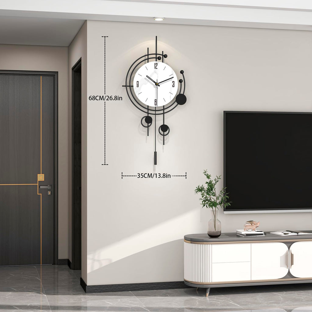 Modern Wall Clock Decor Large Decorative Metal Wall Clock with Pendulum 14 Inch Big Black Silent Unique Clock Battery