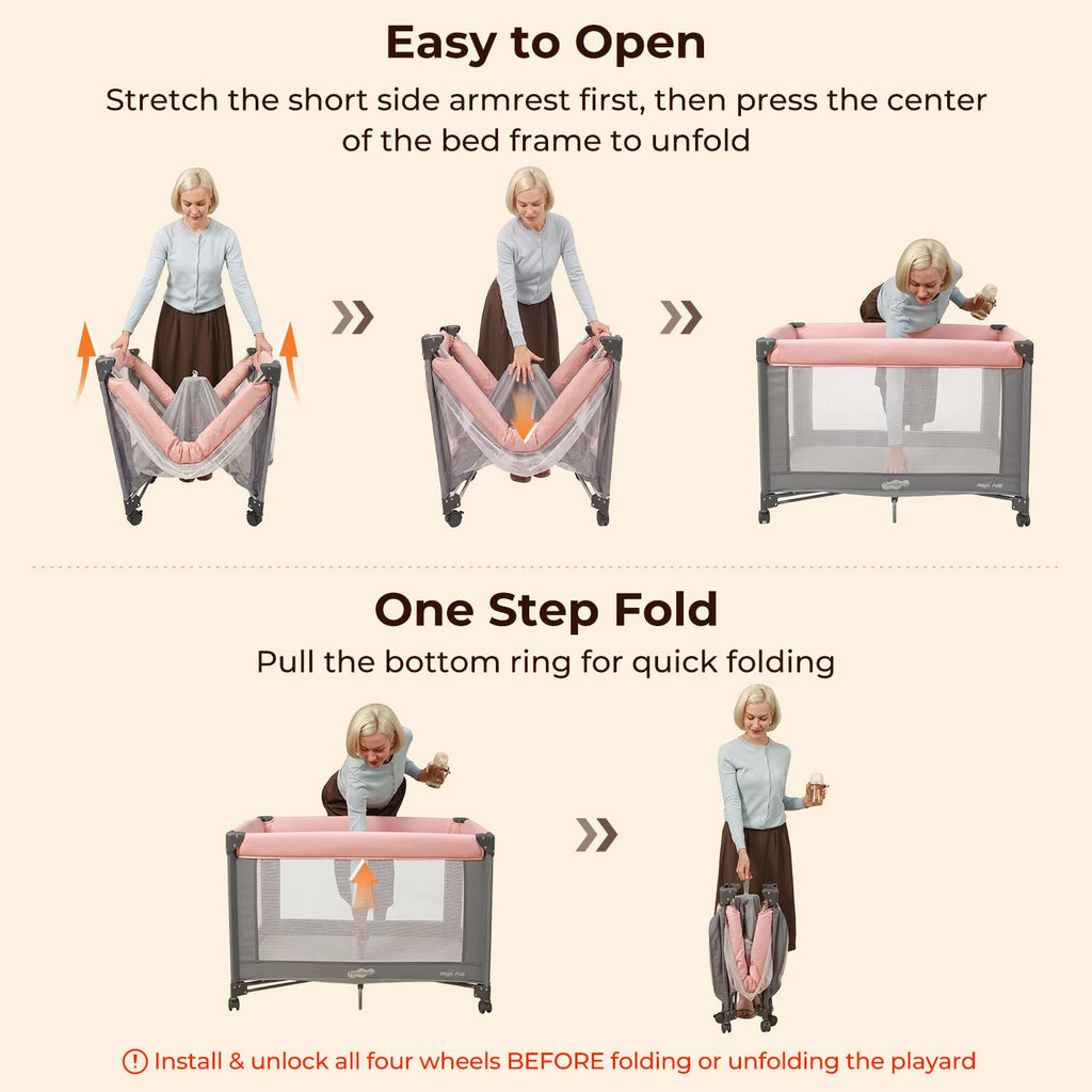 Play Yard - Travel Crib with Mattress, Easy Setup Small Portable Playpen for Babies, Lightweight Foldable Baby