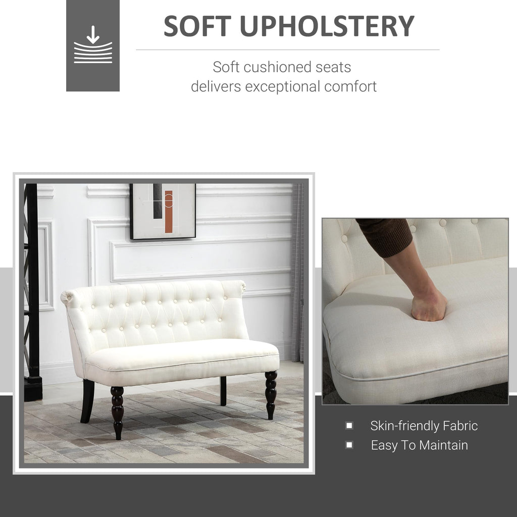 Fabric Loveseat with Wood Legs, Buton Tufted Settee, Cream White