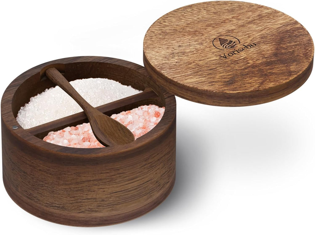 Salt Cellar with Lid & Spoon, Acacia Wood Salt Container, Salt Holder