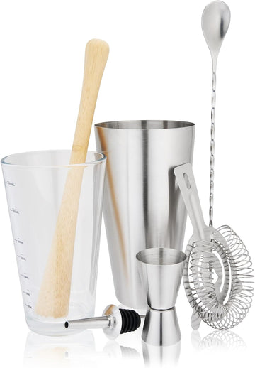 7-Piece Bartender Kit for Mixed Drinks and Cold Brew Cocktails, Includes Boston Shaker Tin, Mixing Glass, Jigger - Set of 7