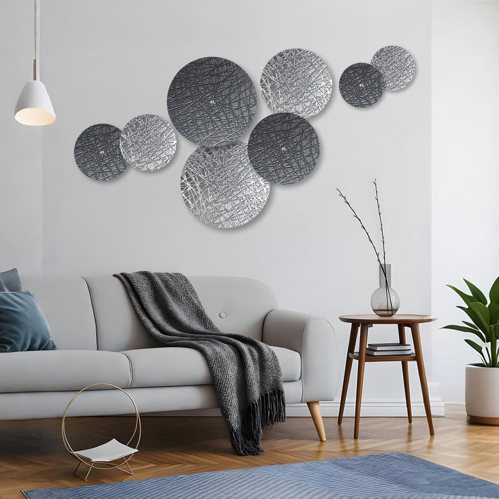 Metal Wall Hanging Sculptures Modern Round Silver Blue Wall Art - Set of 8
