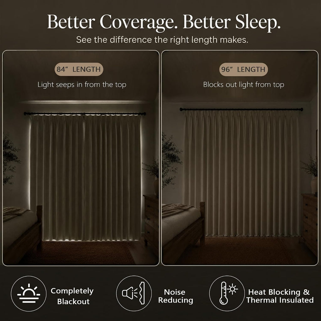 Pinch Pleated Linen Blackout Curtains 96 Inch Long 2 Panel Set, Floor to Ceiling Thermal Insulated Heat Blocking