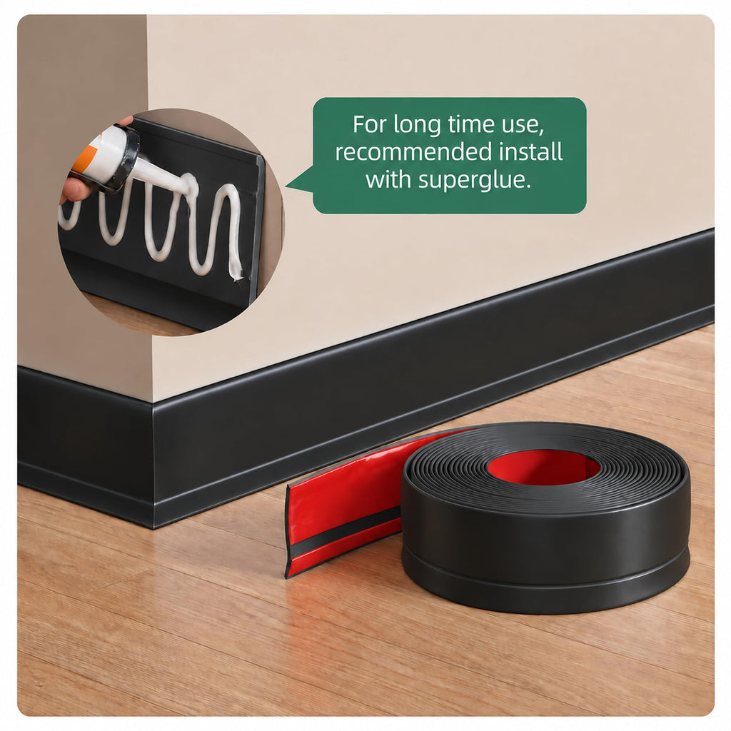 16.4ft Flexible Vinyl Baseboard Trim with Toe Black Stick Wall Base