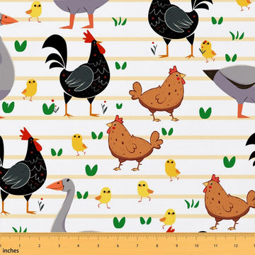 Animals Fabric by The Yard, Chicken Duck Goose Upholstery, Farmhouse Poultry Decor, Geometric Stripes Indoor Outdoor