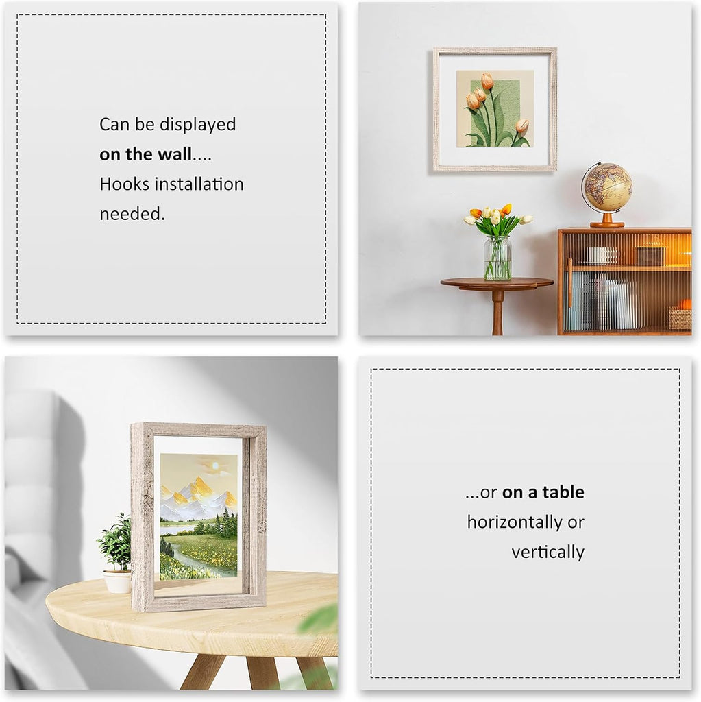 11x14 Floating Frames Distressed Beige White Wood Pattern,Double Glass Picture Frame Set of 2 Display Any Size Photo