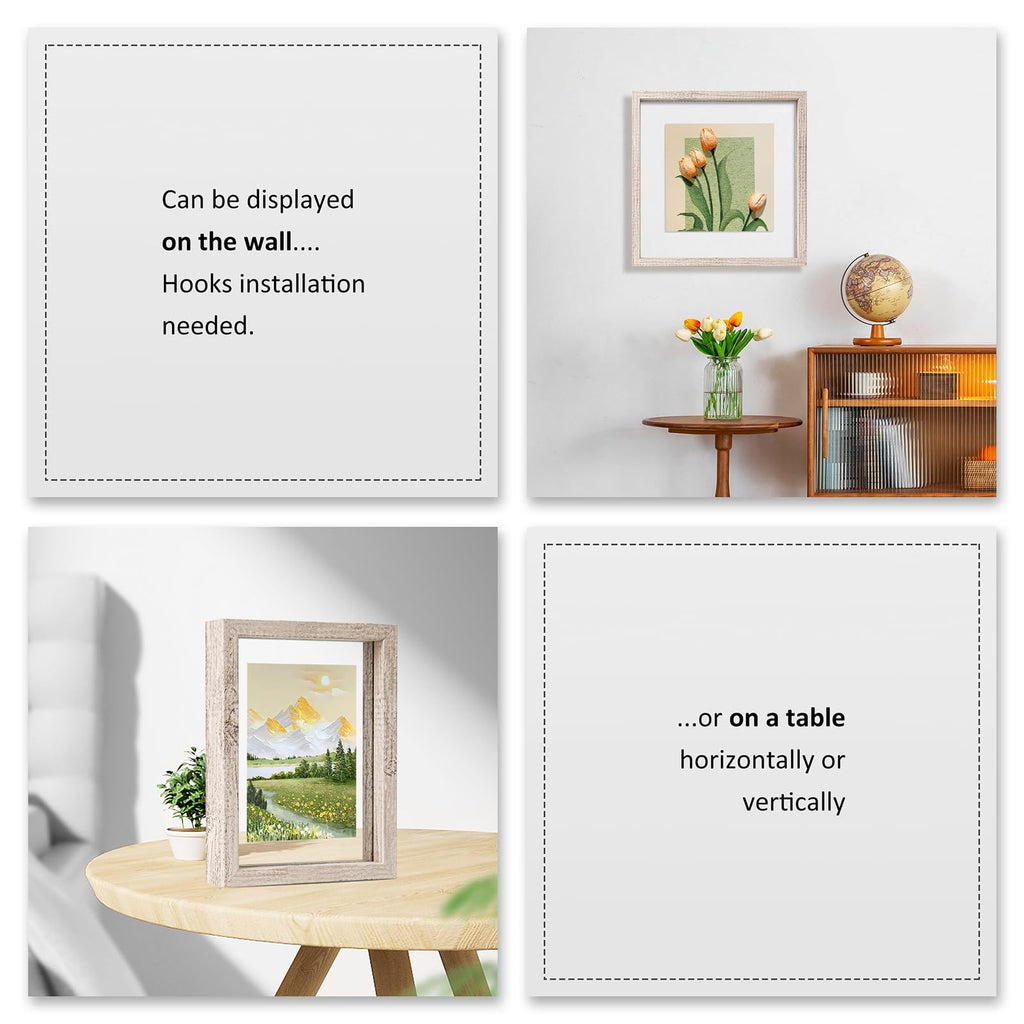 10x10 Floating Frame Distressed Beige White Wood Pattern, Double Glass Square Picture Frame Display Any Size Photo up