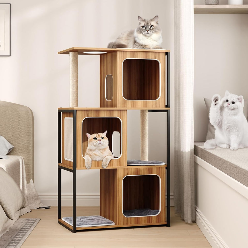 Modern Cat Tree, 52 Inch Wooden Cat Condos with Metal Frame, Sisal Scratching Posts & Board, Washable Cushions
