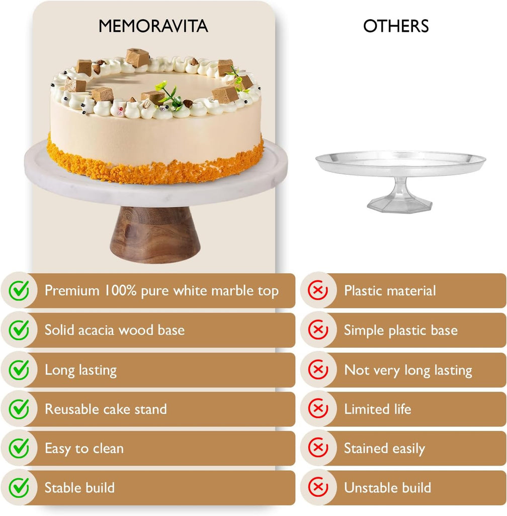 Marble & Acacia Wood Cake Stand - 11 Inch Round Cake Display for Weddings, Birthdays & Parties - Dessert Stand