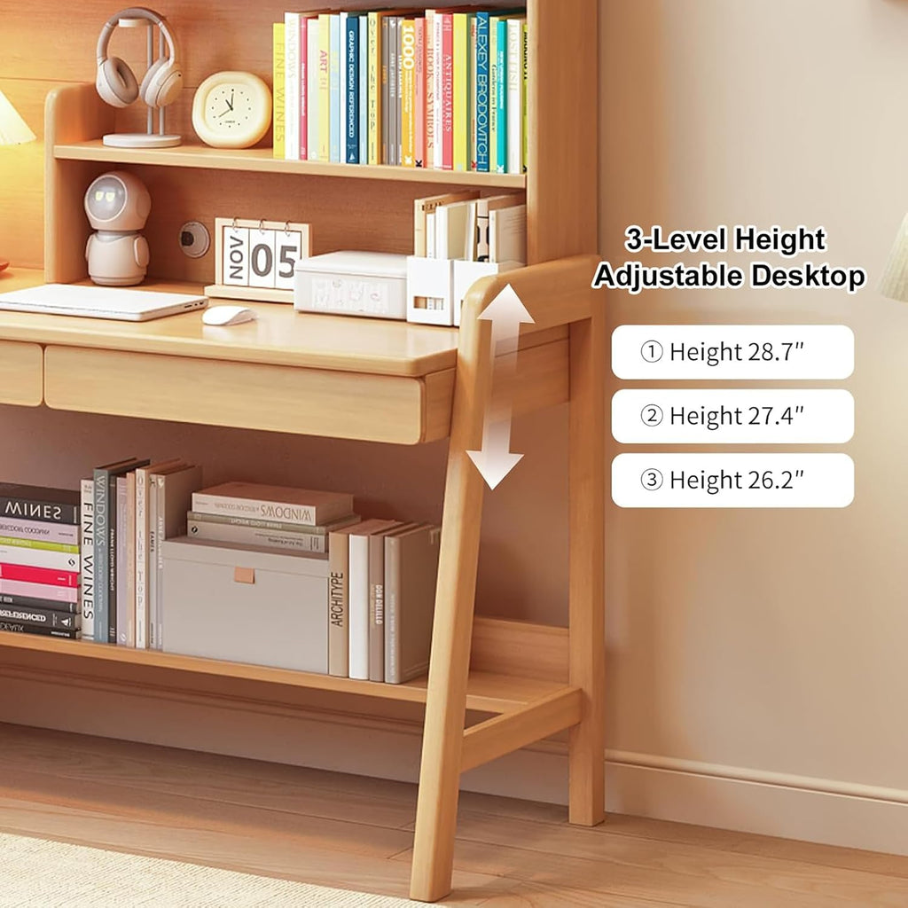 Kids Study Desk with Hutch and Storage Drawers, Level Height Adjustable Children's Writing Table, Solid Wood Kids &