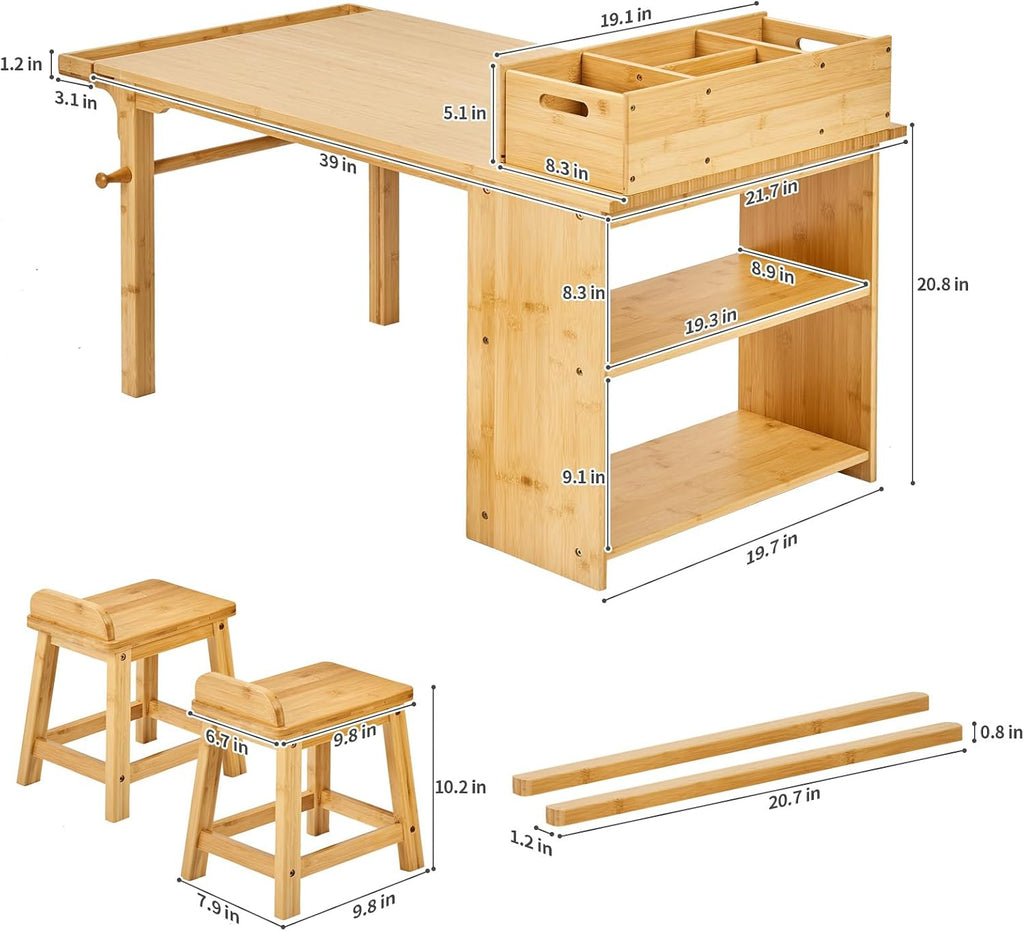 Kids Art Table and Chair Set with Paper Roll Holder, Toddler Craft Table with Storage Shelves, Side Supply Tray