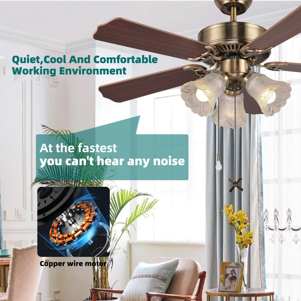 42 Inch Indoor Ceiling Fan with Pull-Chain and Three LED Light Bulbs Base, Traditional 3-Speeds Reversible Blades