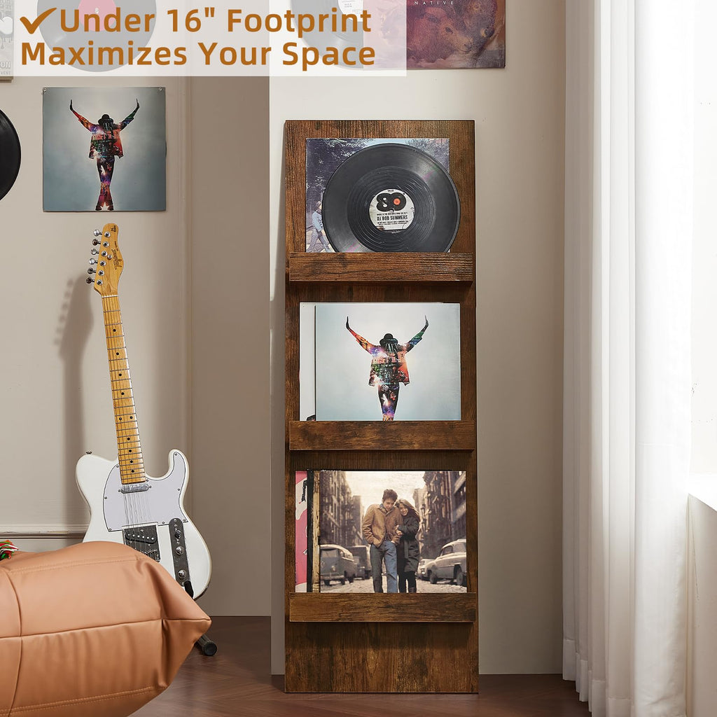 Wall-Leaning Vinyl Record Holder Set of 2 with 3 Tier Display Shelf, 47.5'' Tall Record Storage Magazine Holder