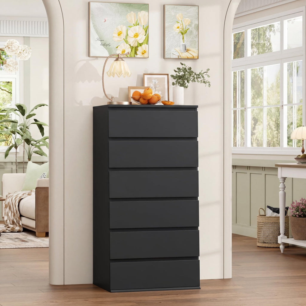 Black Dresser, 6 Drawer Dresser with Handleless Drawer Cabinet