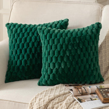 Pack of 2 Dark Green Super Soft Plush Fluffy Decorative Throw Pillow Covers 22x22 inch Faux Fur Wool Velvet Cushion