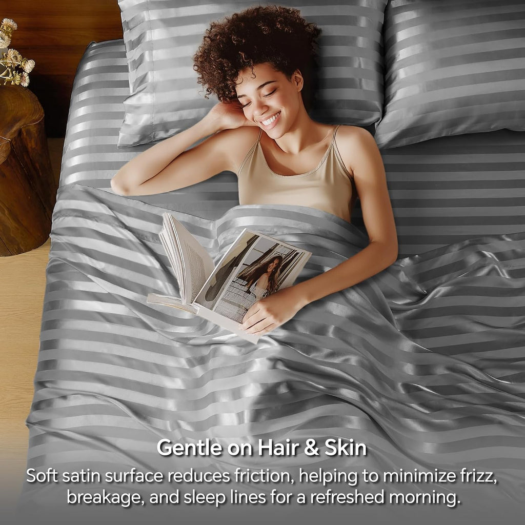 Satin Sheets Queen, Luxury Jacquard Striped Dark Grey Bedsheets with Elastic Corner Straps, Similar to Silk Sheets