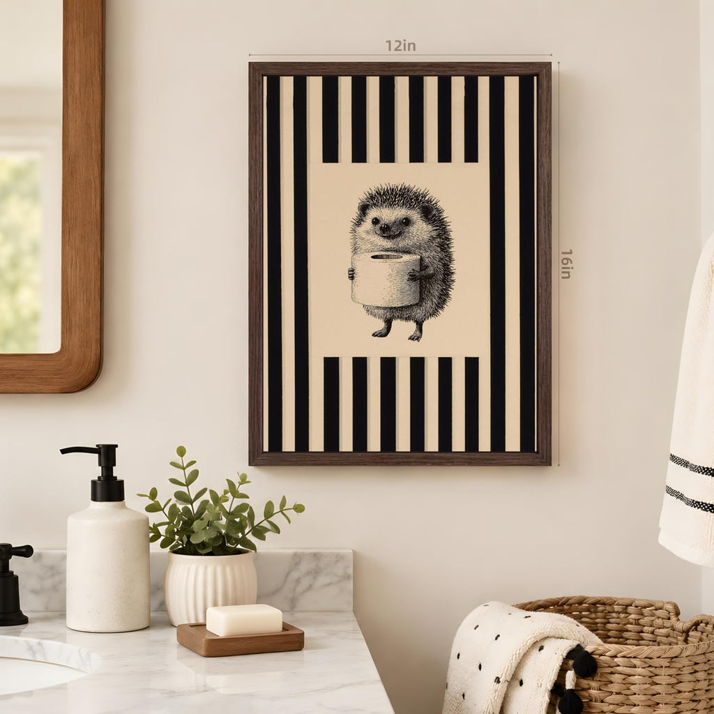 Funny Hedgehog Bathroom Wall Art, Cute Hedgehog Holding Toilet Paper Decor, Beige and Black Stripe Restroom Poster