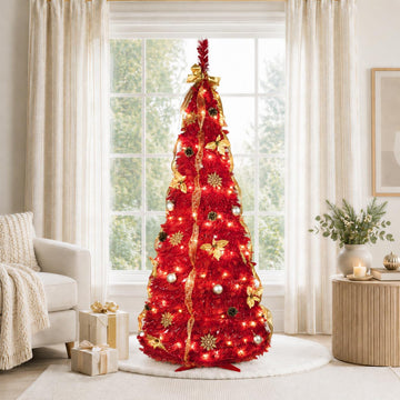 6ft Pop Up Artificial with Lights, Decorated Prelit Collapsible with 150 Warm White Lights, Pull Up Xmas Trees for