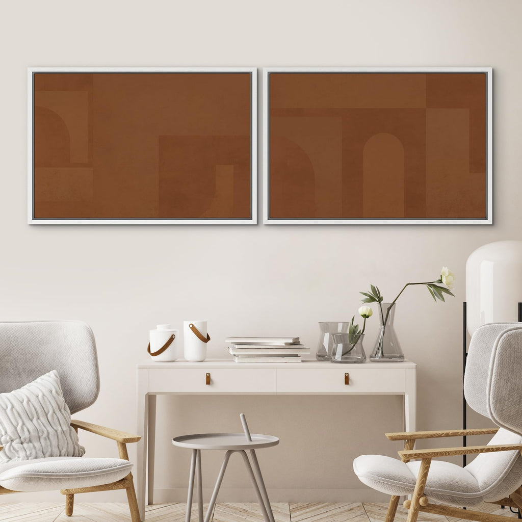 Framed Canvas Print Wall Art Set Mid-Century Brown Polygon Landscape Abstract Shapes Digital Art Modern Art