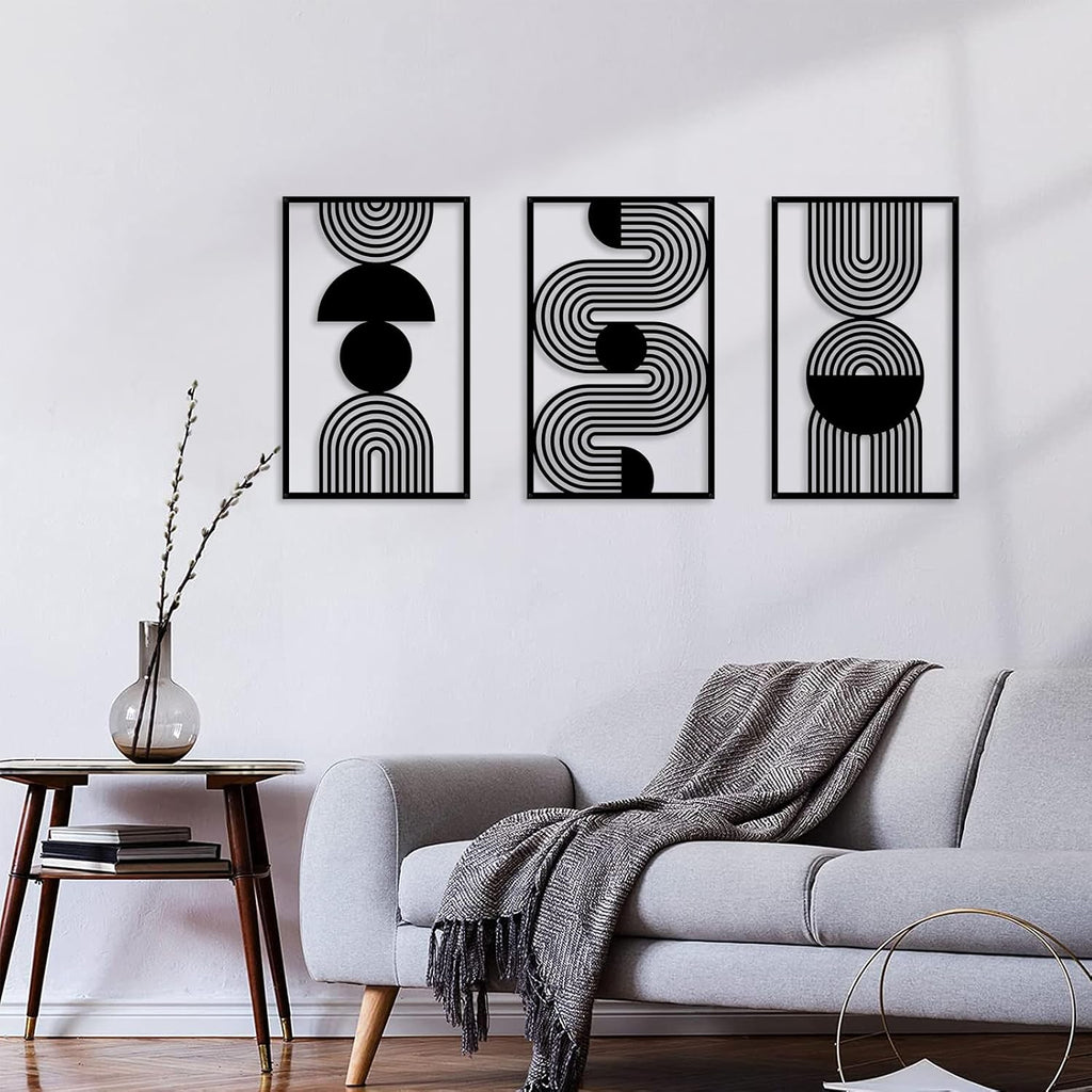 Abstract Metal Wall Art Black Bathroom Wall Decor Mid Century Modern Wall Art Bedroom Bathroom (17x9.8in) - Set of 3