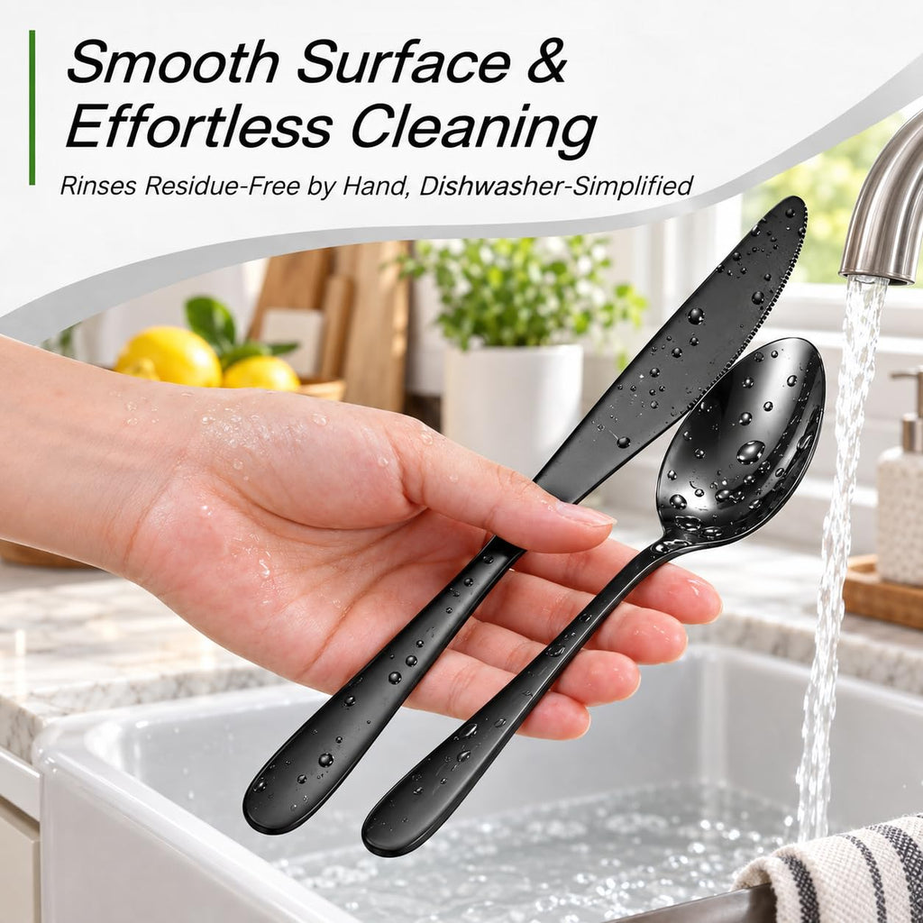 72P Black Silverware Set for 12 - Stainless Steel Flatware Set with Mirror Polish, Black Silverware Set Including