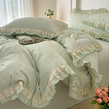 Floral Duvet Cover Set Muslin Cotton Queen(90"x90"), Sage Green