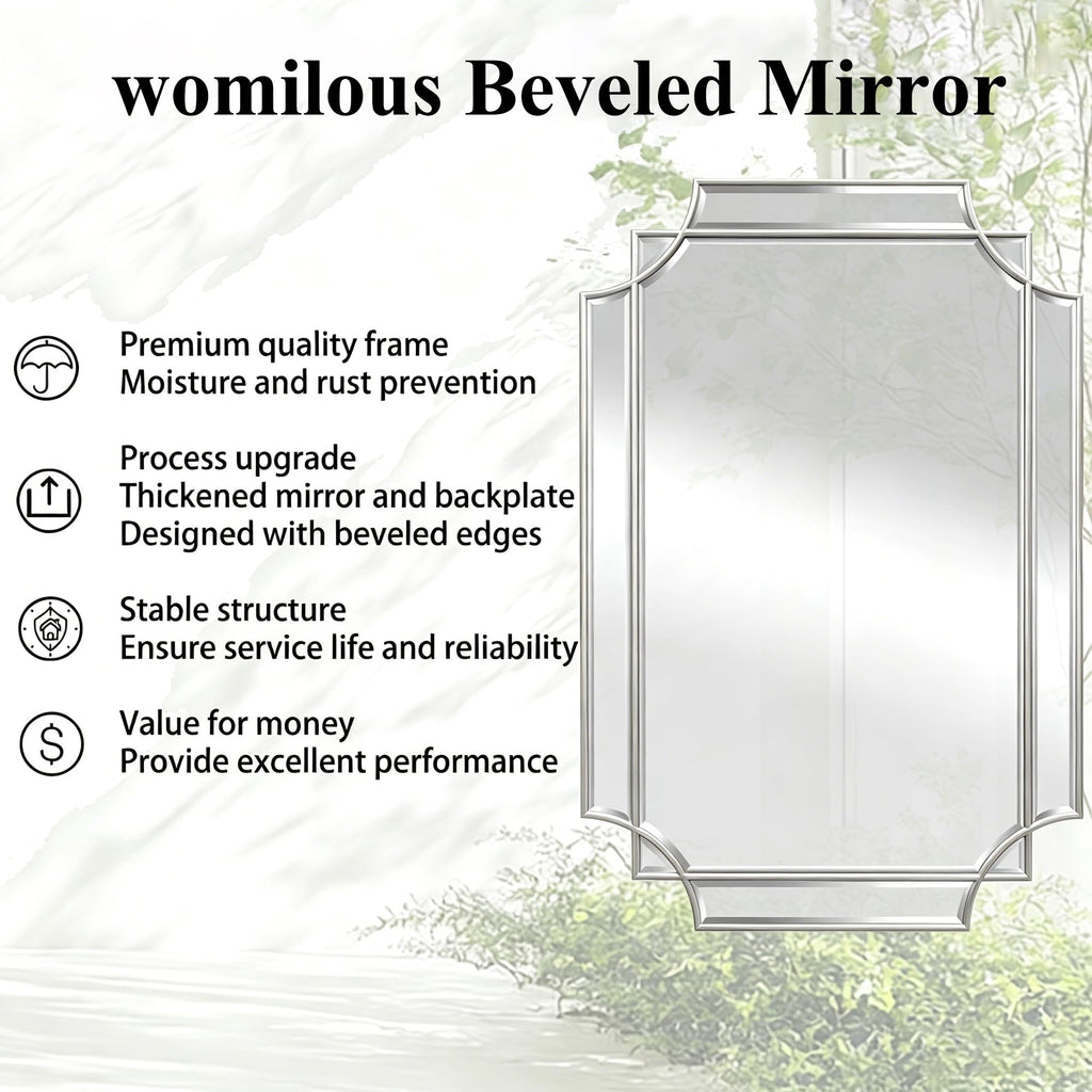 59"x30" Large Geometric Beveled Mirror with Silver Wood Frame