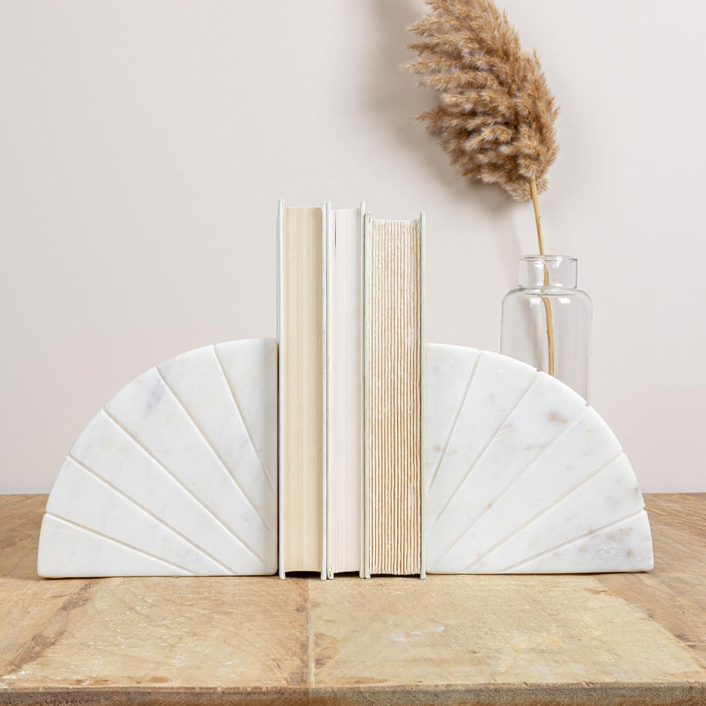 Modern Arched Semicircle Marble Bookends with Carved Detail, Set of 2, White