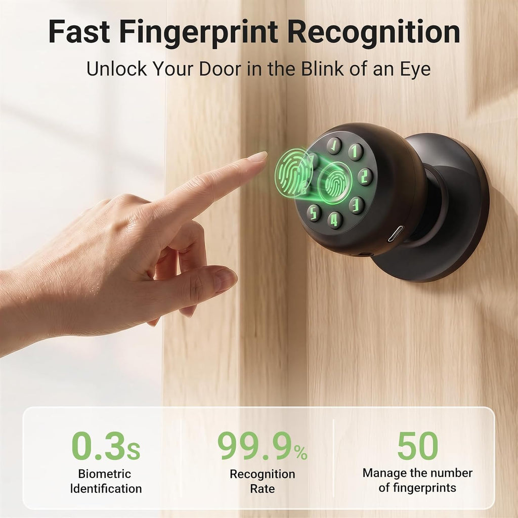 Smart Fingerprint Door Knob , Biometric Door Lock with Code & Key, Auto-Locking Thumbprint Door Knob for Interior