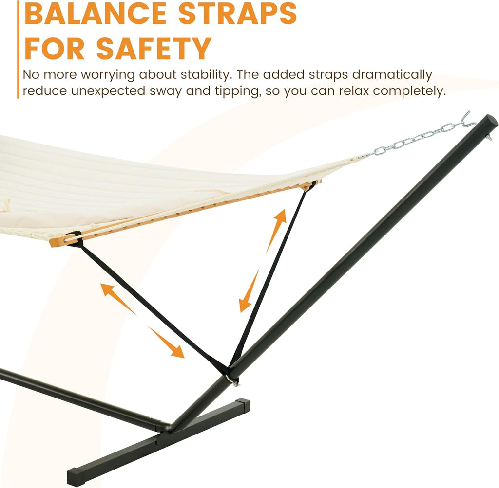 2 Person Portable Hammock with 12FT Stand, Double Hand Woven Cotton Rope Hammock with Detachable Quilted Pad & Pillow