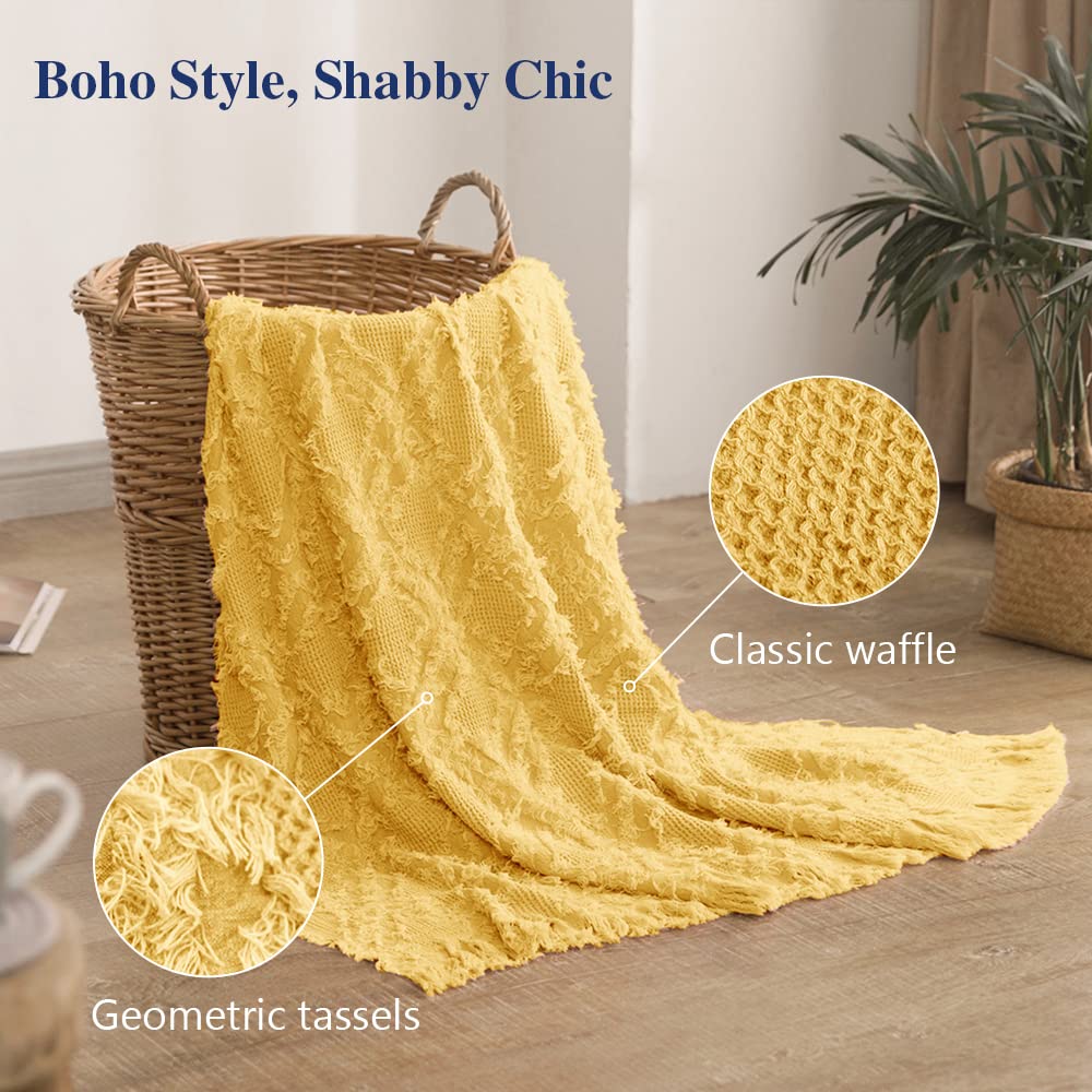 100% Cotton Throw Blanket for Bed, Couch, Boho Textured Geometric Knit Woven Blanket with Tassels Soft, Lightweight
