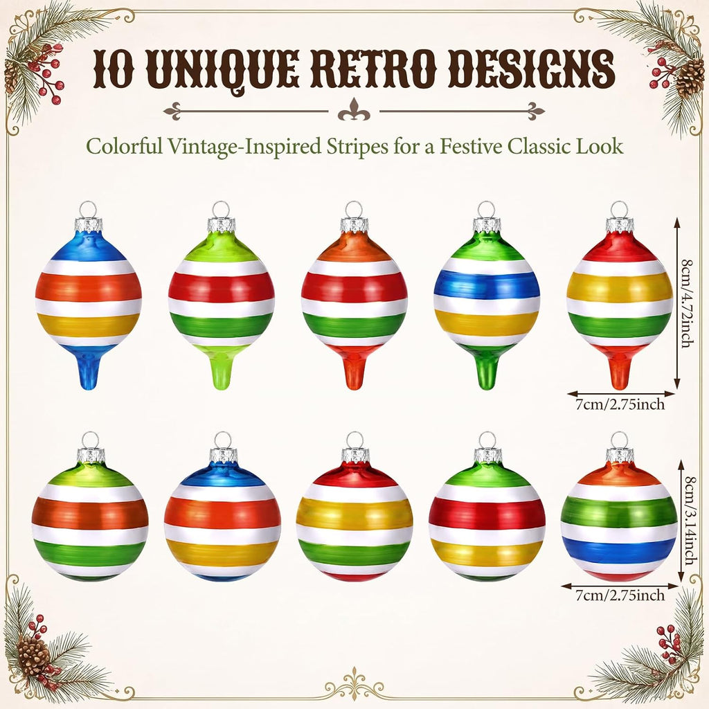 Vintage Glass Christmas Ornaments, Stripes, Festive - Set of 10