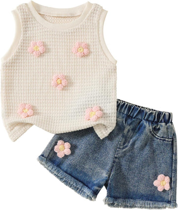 Toddler Baby Girl Summer Clothes Waffle Knit Floral Embroidery Sleeveless Tank Top Jean Shorts 2Pcs Outfit Set