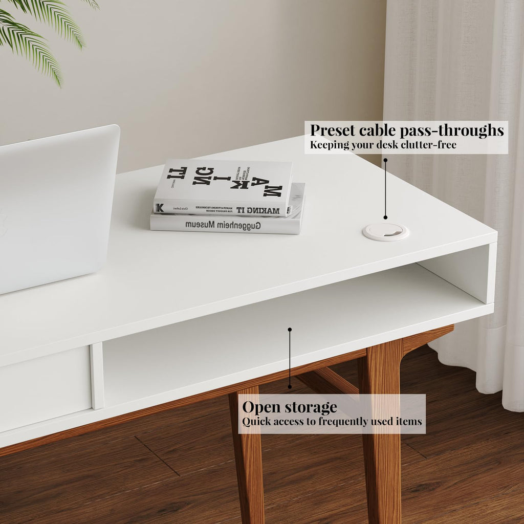 White Computer Desk with Drawers - 45 inch Minimalist Small Solid Wood Mid-Century Modern Office Desk - Boho Style