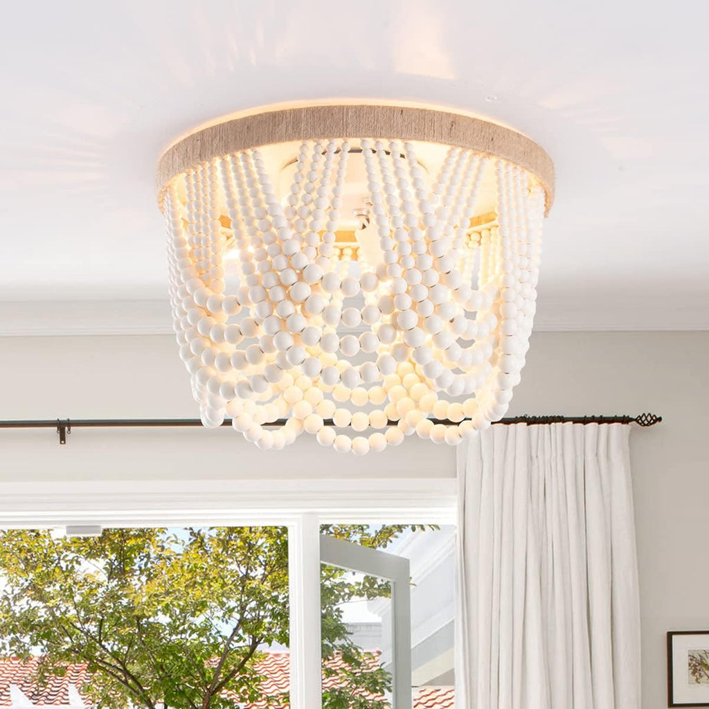 Bohemia Wood Beaded Flush Mount Ceiling Light Antique Rustic Mini Chandelier White Finishing Room, Girl Room