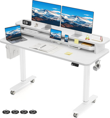 Electric Standing Desk with Dual Monitor Stand, Height Adjustable Desk Sit Stand Desk with Memory Controller, Casters
