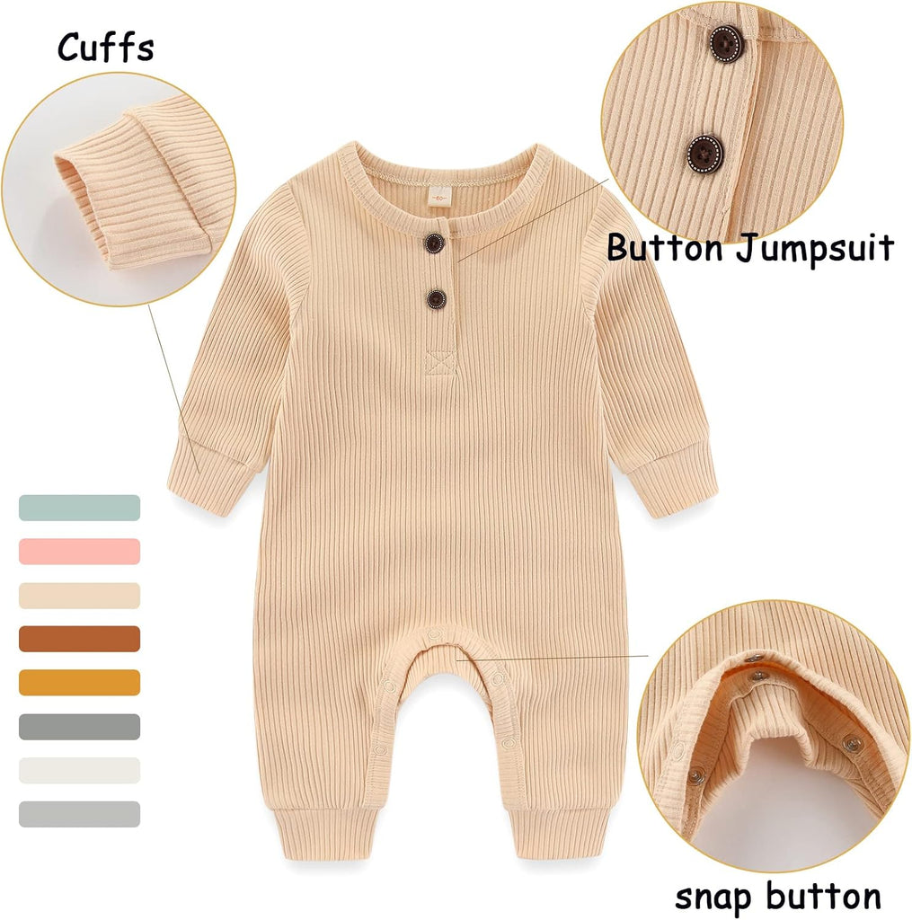 Newborn Baby Boys Girls One Piece Romper With Mitten Cuffs 3 Pack Long Sleeve Ribbed Button Jumpsuit Outfit Clothes