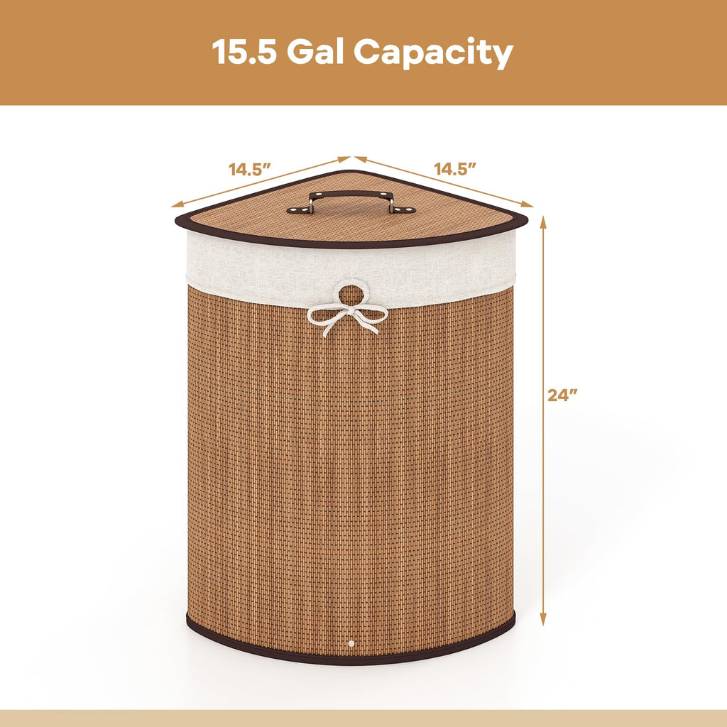 58 L Corner Laundry Hamper with Lid, Removable Liner, Handle Bamboo