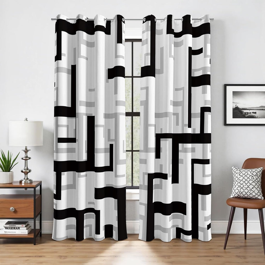 Modern Blackout Curtains for Bedroom Living Room 2 Panels 100% Blackout Black and White Pattern Curtains Abstract