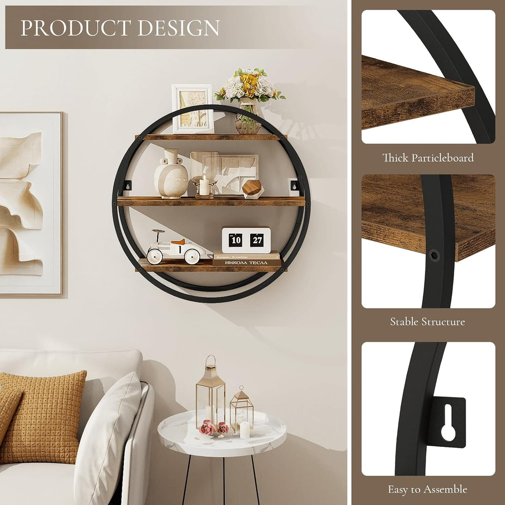 Circle Shelf Wall Decor, 3 Tier Decorative Round Wall Shelf | Geometric Circle Metal and Wood, Circular Wall Shelf