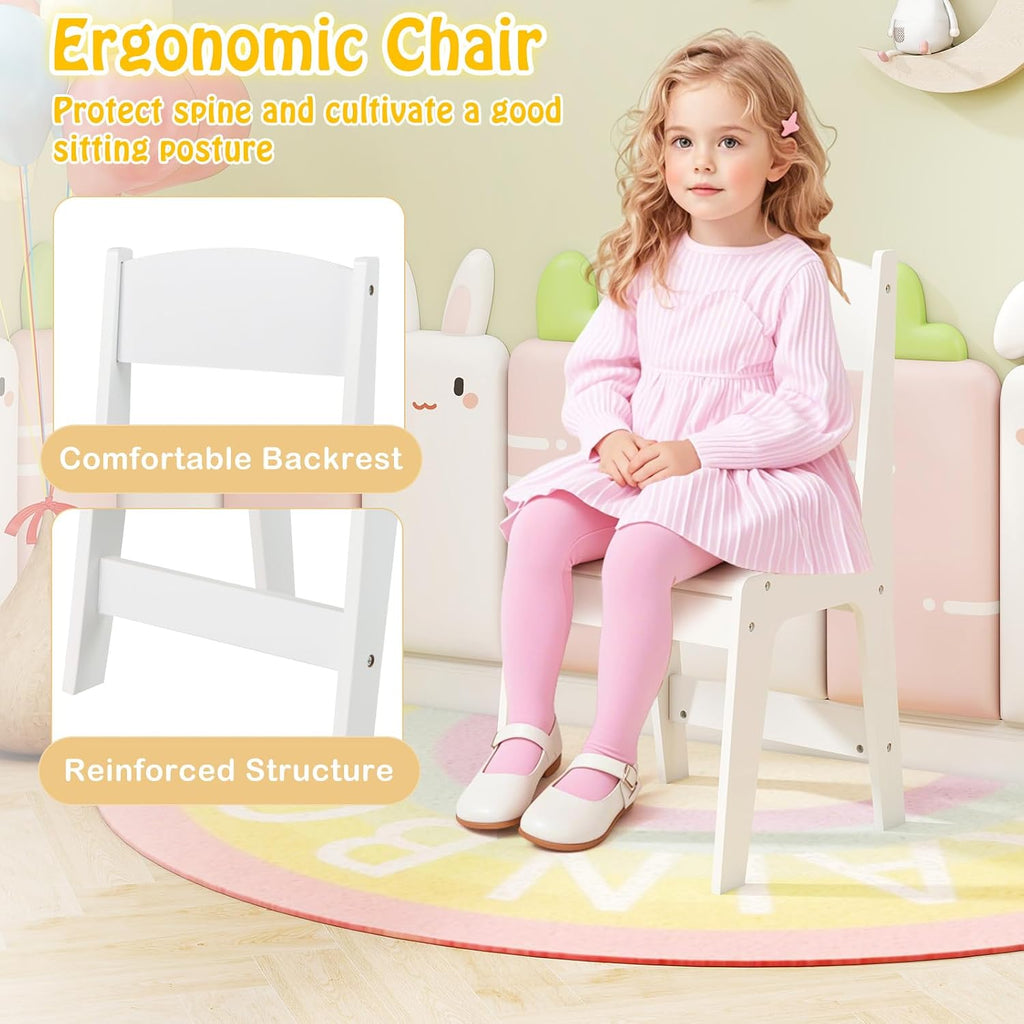 White Kids Table and Chair Set, Wooden Arts and Crafts Activity Table w/Paper Roller, 4 Paint Cups & Storage Shelves
