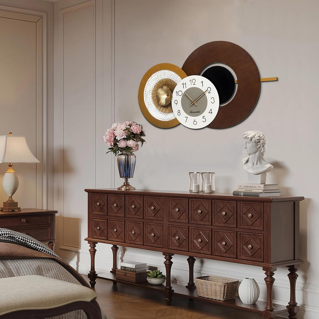 37.8x23 Inch Oversized Mid-Century Modern Wall Clock, Wood & Metal Frame, Silent Non-Ticking, Antique Brown & Gold