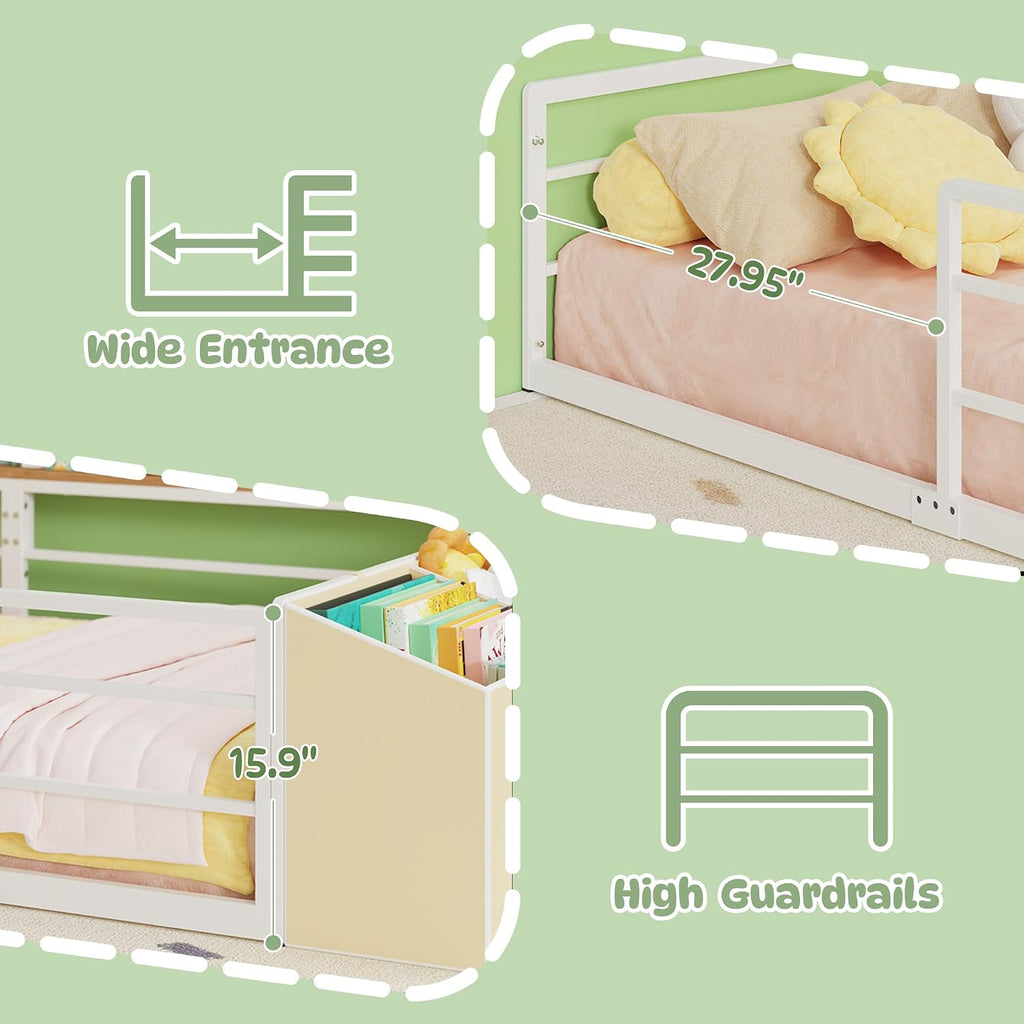 Twin Montessori Floor Bed Frame with Storage | Storage Organizer and Side Shelf, High Guardrail and Wide Entrance, No