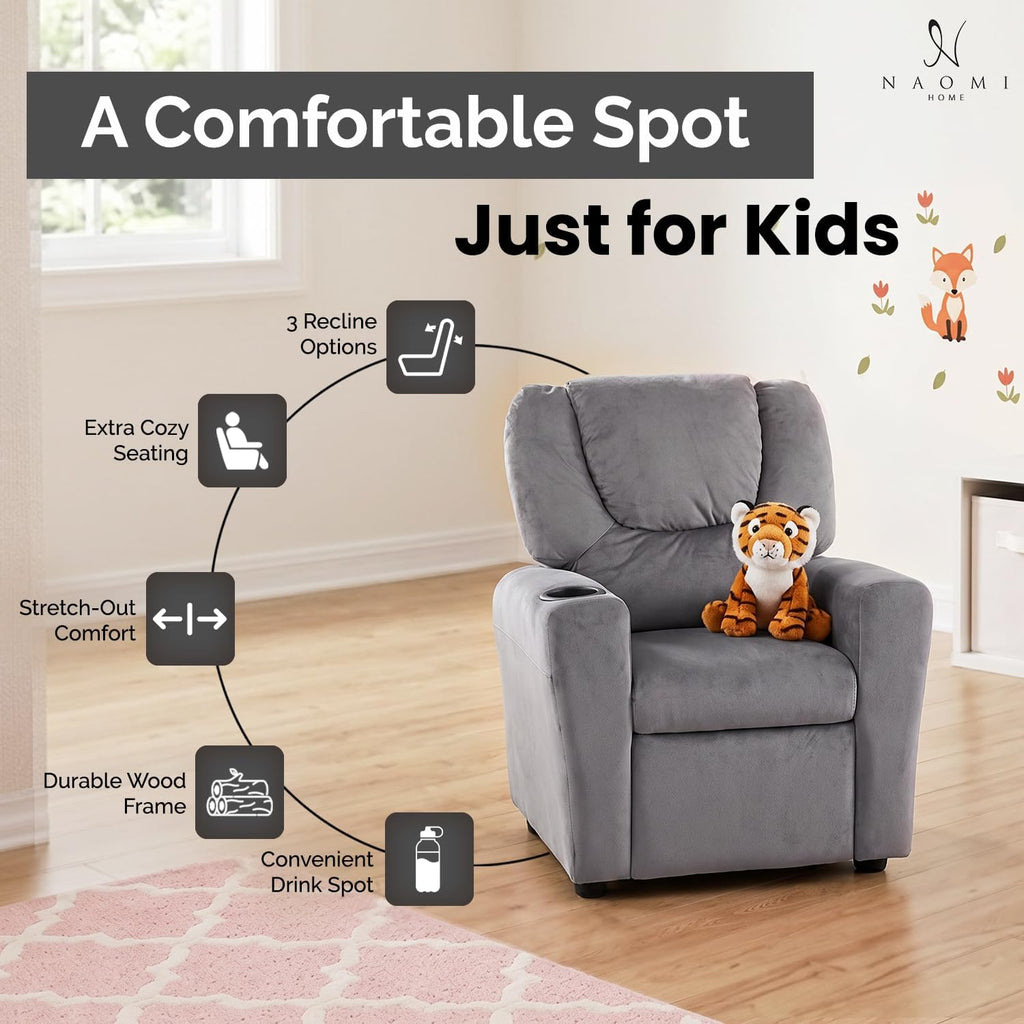 Suri Kids Recliner Chair for Toddlers Ages 3-5, Gray Microfiber
