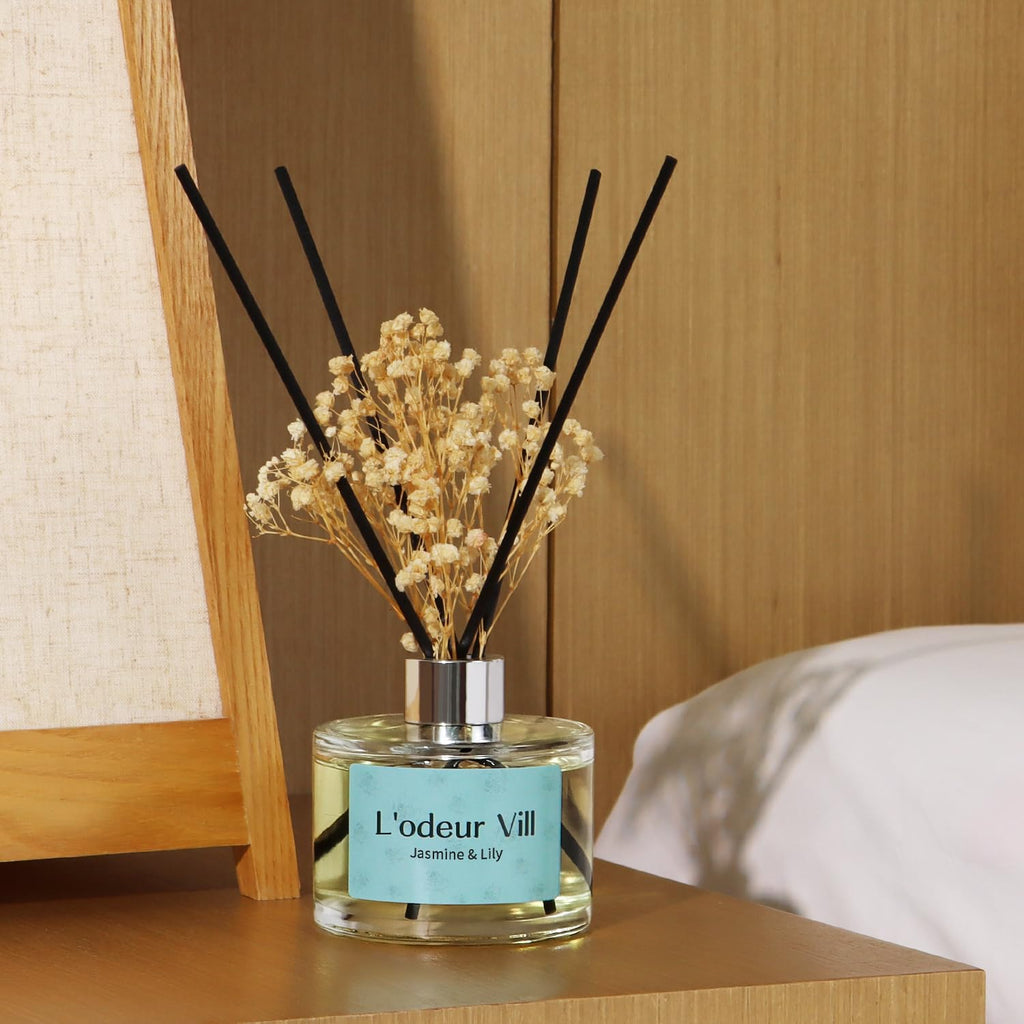 Vill Reed Diffuser Set, 6.7 oz(200ml) Jasmine & Lily Scented Diffuser with 6 Oil Diffuser Sticks, Home Fragrance