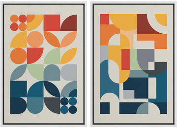 Framed Canvas Print Wall Art Set Mid-Century Modern Red & Blue Geometric Color Blocks Abstract Shapes Illustrations
